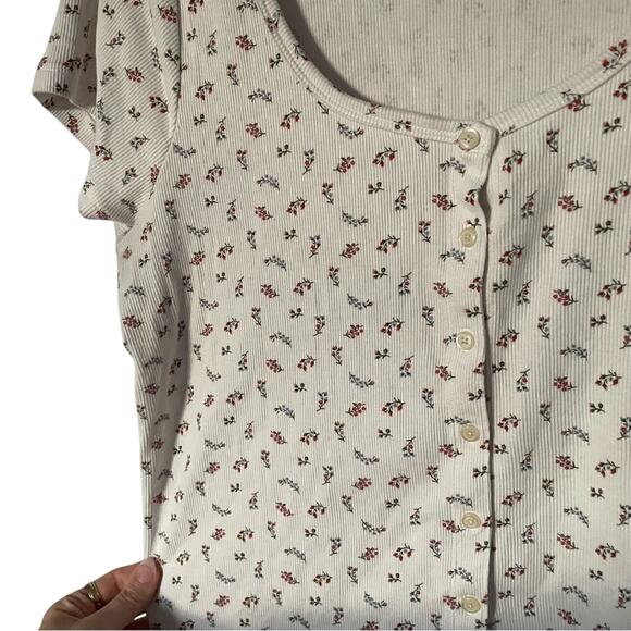 Old Navy White Ditsy Floral Short Sleeve Button up Crop Blouse 90s Style XL - Picture 5 of 6